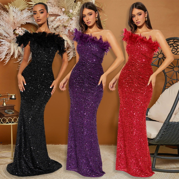 Sequin feather patchwork bead dress long skirt