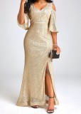 One shoulder gold sequin dress dress