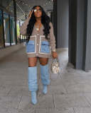 Loose sweater patchwork single breasted denim pocket cardigan sweater