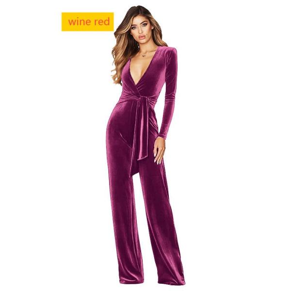Deep V-long sleeved waistband jumpsuit