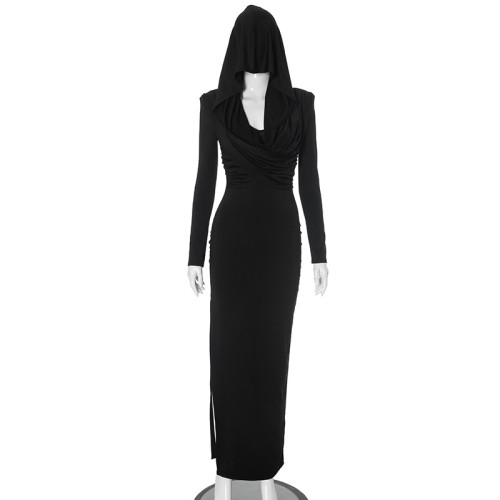 Solid color hooded long sleeved side slit jumpsuit long skirt