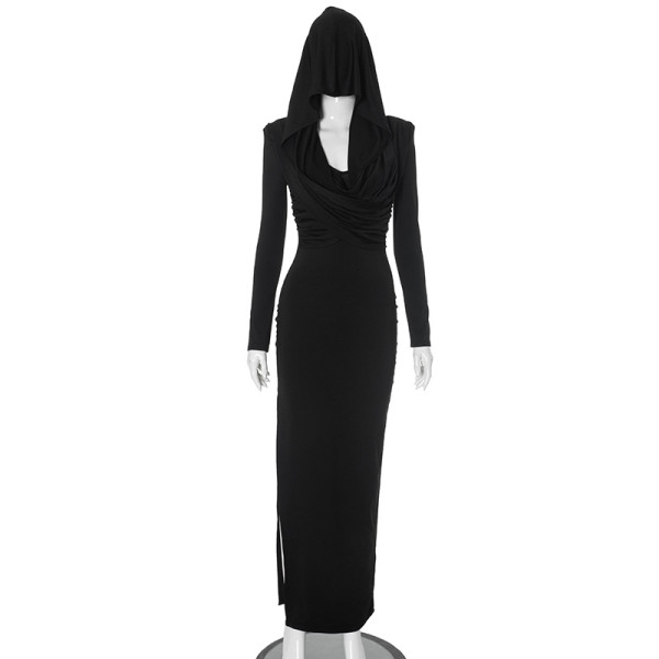 Solid color hooded long sleeved side slit jumpsuit long skirt