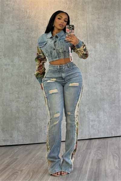 Printed color blocked denim jacket denim two-piece set