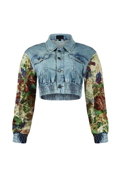 Printed color blocked denim jacket denim two-piece set