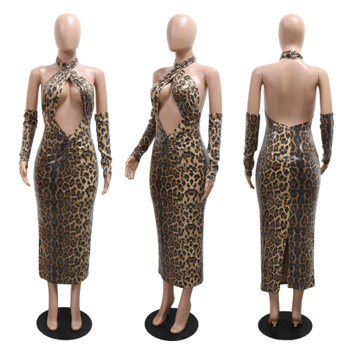 Sequined hollow neck hanging leopard print dress with exposed back