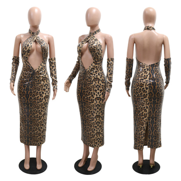Sequined hollow neck hanging leopard print dress with exposed back