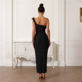 3D floral sloping shoulder sleeveless bandage dress