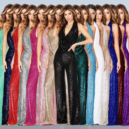 Sleeveless backless sequined jumpsuit