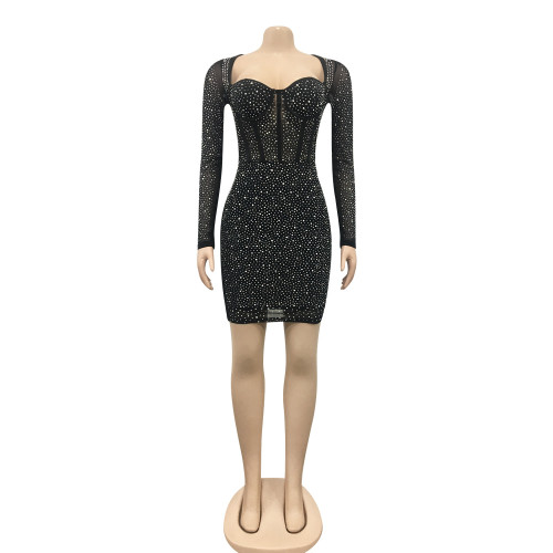Rhinestone transparent dress mid skirt