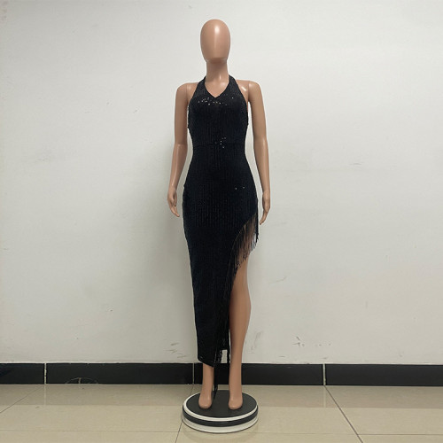 V-neck tassel sleeveless sequined backless dress