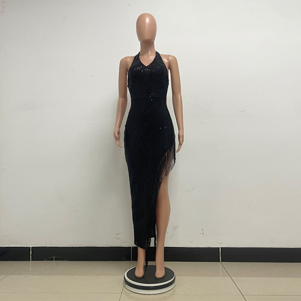 V-neck tassel sleeveless sequined backless dress
