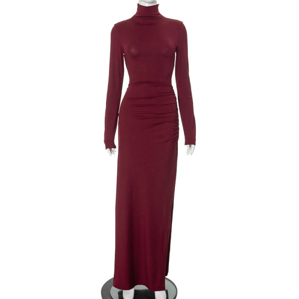 High neck long sleeved high waisted pleated slit long dress