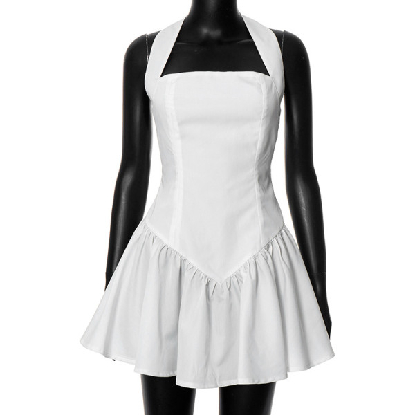 Solid color hanging neck backless high waisted A-line dress