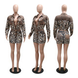 Leopard print long sleeved button up collar top paired with hip hugging short skirt two-piece set