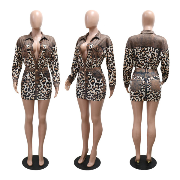 Leopard print long sleeved button up collar top paired with hip hugging short skirt two-piece set