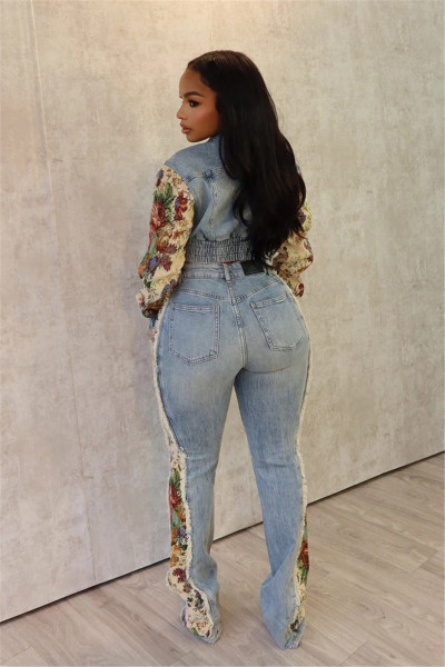 Printed color blocked denim jacket denim two-piece set