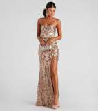 One collar sequin slit banquet dress dress