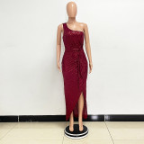 Single shoulder lace up pleated dress