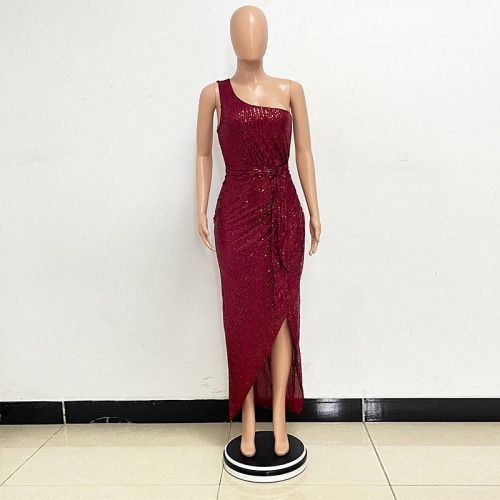 Single shoulder lace up pleated dress