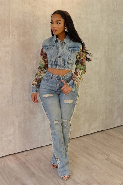 Printed color blocked denim jacket denim two-piece set