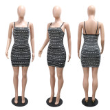 Strap wrapped hip skirt with exposed back and rhinestone hot stamping short dress