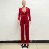 Deep V-long sleeved waistband jumpsuit