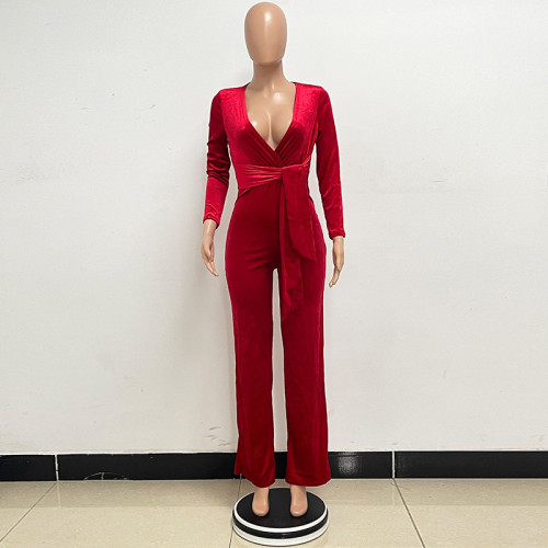 Deep V-long sleeved waistband jumpsuit