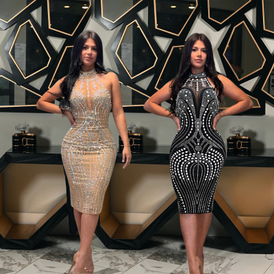 Spliced milk silk backless sleeveless rhinestone dress