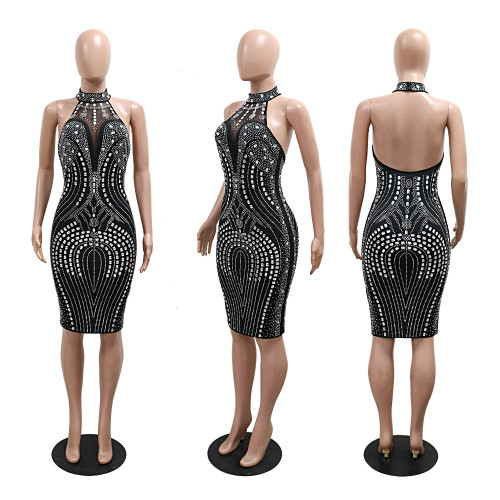 Spliced milk silk backless sleeveless rhinestone dress