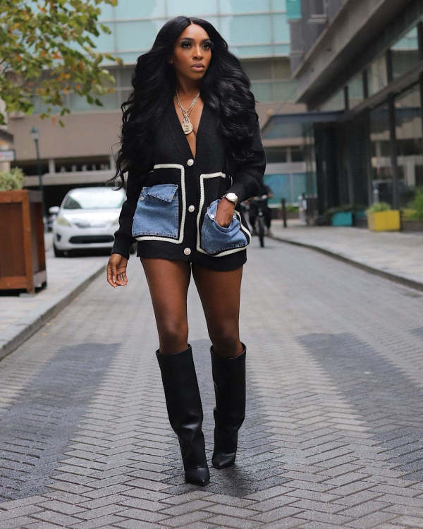 Loose sweater patchwork single breasted denim pocket cardigan sweater