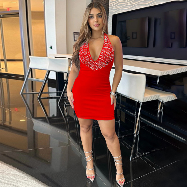 V-neck hanging neck rhinestone dress
