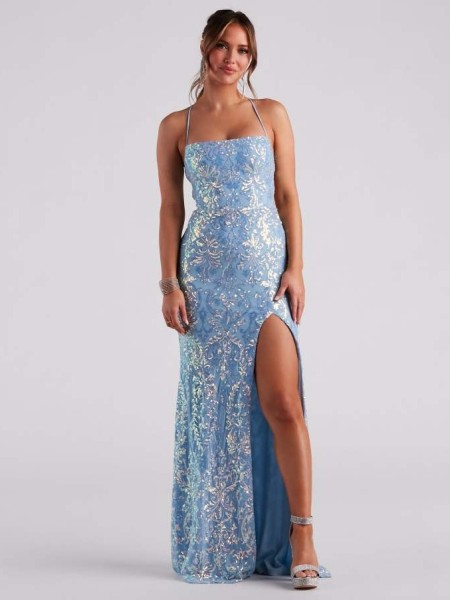 One collar sequin slit banquet dress dress
