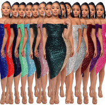 Sequined one shoulder pleated dress