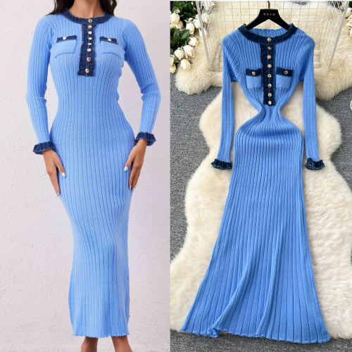 Color blocking round neck metal knitted long sleeved dress