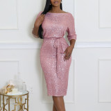 Slanted collar sequin one-piece two-piece dress set