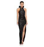 Hanging neck big bow sequin slit dress