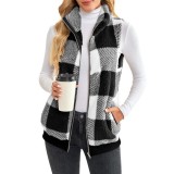 Plaid comfortable velvet cardigan vest stand up collar sleeveless jacket
