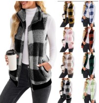 Plaid comfortable velvet cardigan vest stand up collar sleeveless jacket
