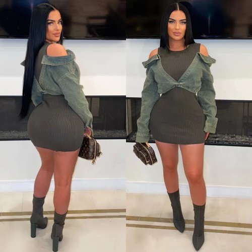 Woven cotton detachable denim patchwork hip hugging dress