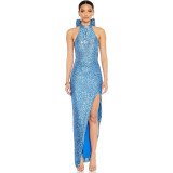 Hanging neck big bow sequin slit dress