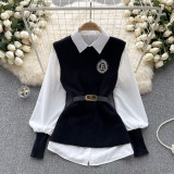 Solid color loose long sleeved shirt+knitted vest