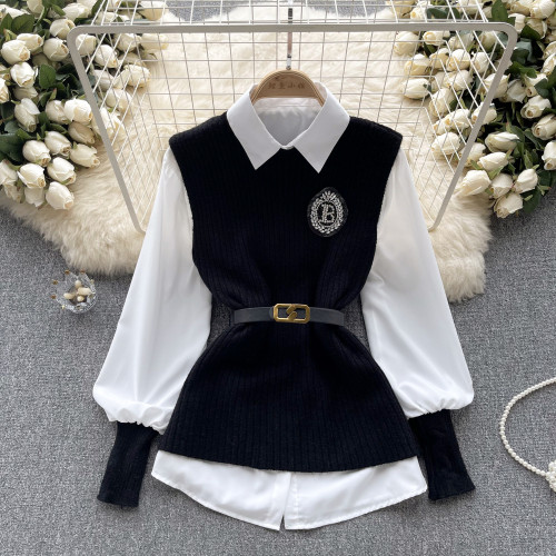 Solid color loose long sleeved shirt+knitted vest