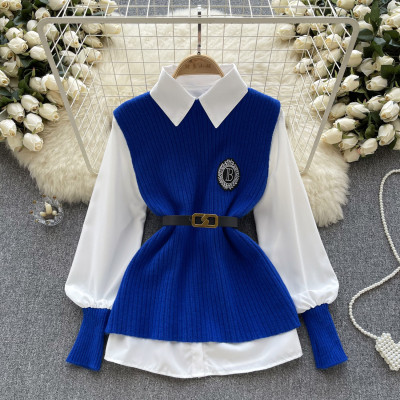 Solid color loose long sleeved shirt+knitted vest