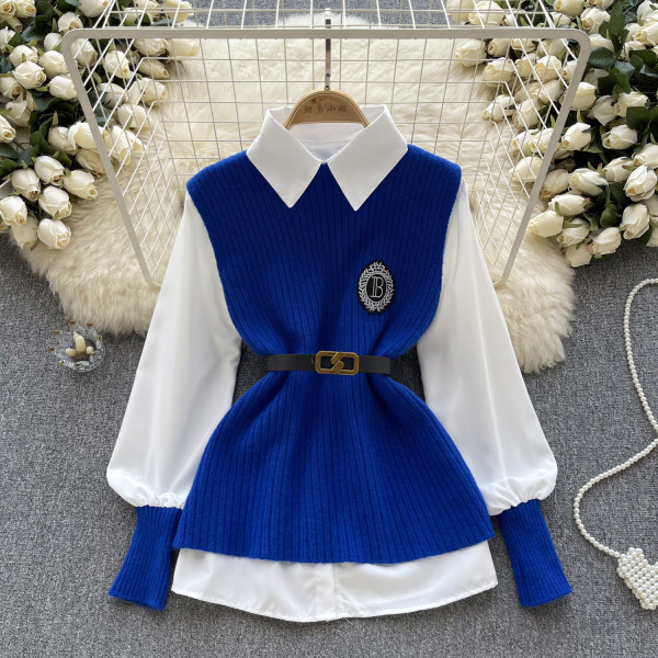 Solid color loose long sleeved shirt+knitted vest