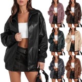 Solid color leather jacket long sleeved lapel zipper side pocket jacket