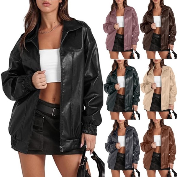 Solid color leather jacket long sleeved lapel zipper side pocket jacket