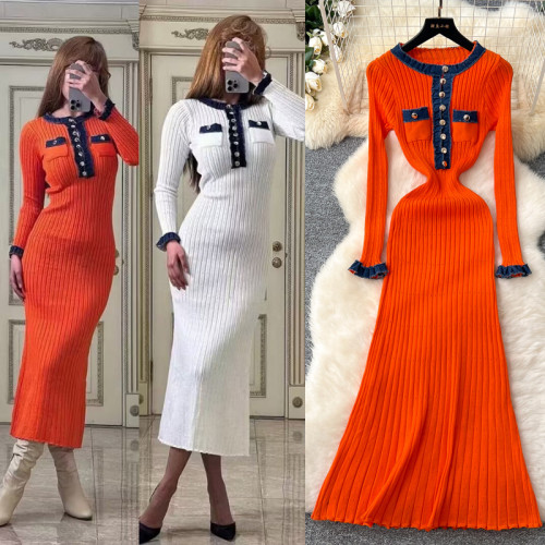 Color blocking round neck metal knitted long sleeved dress