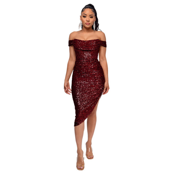 Sequined one shoulder pleated dress
