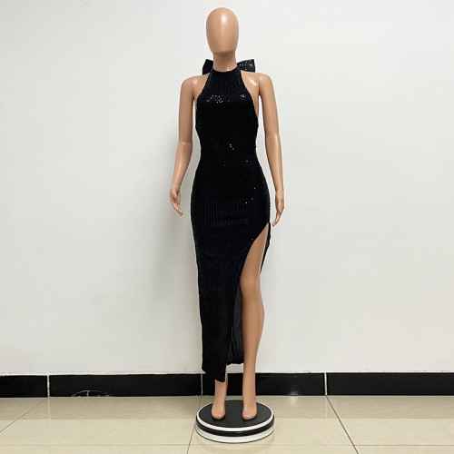 Hanging neck big bow sequin slit dress