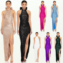 Hanging neck big bow sequin slit dress